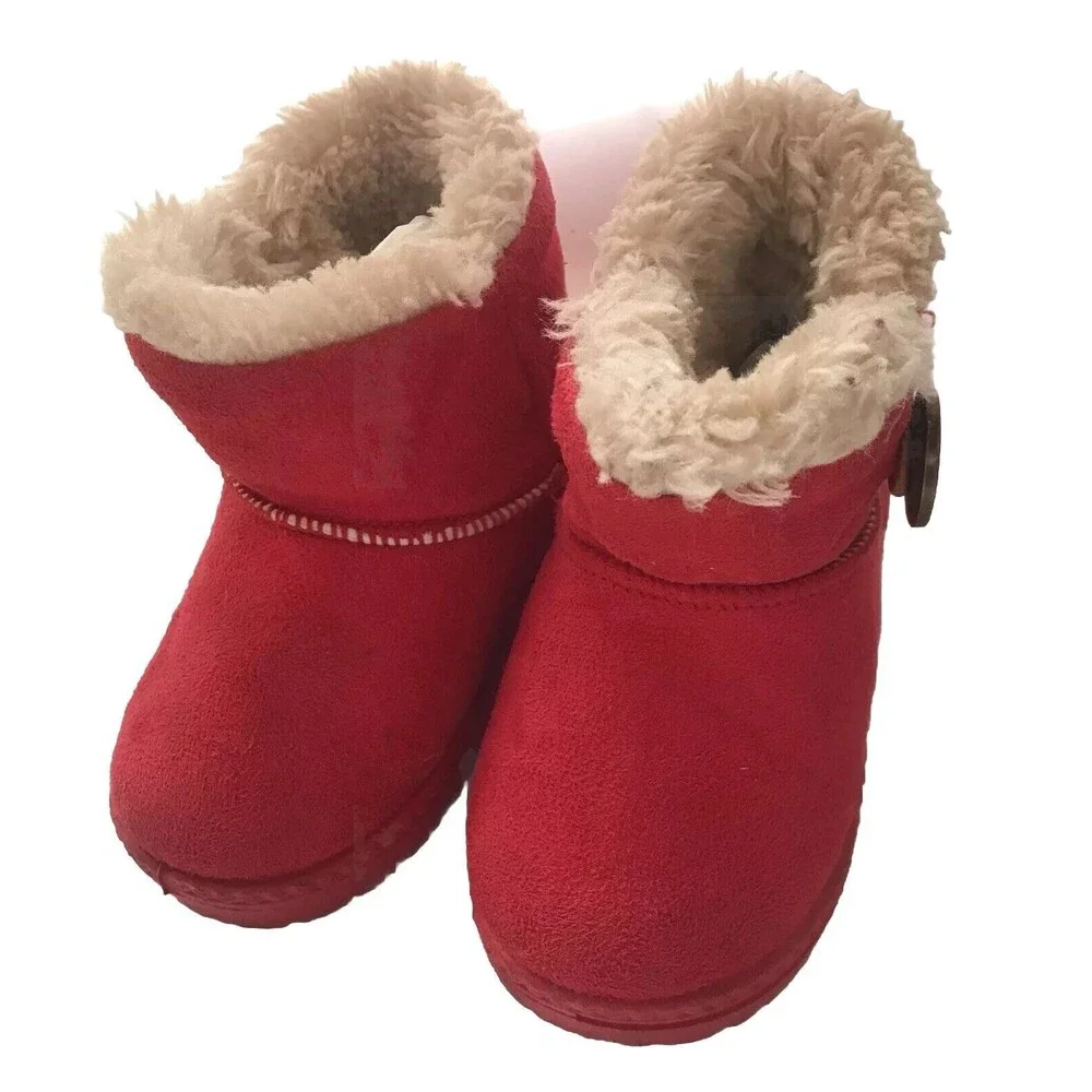 Girls Winter Warm Ankle Snow Boots Red Fur Lined Toddler Shoes UK 25, US 8.5 T
